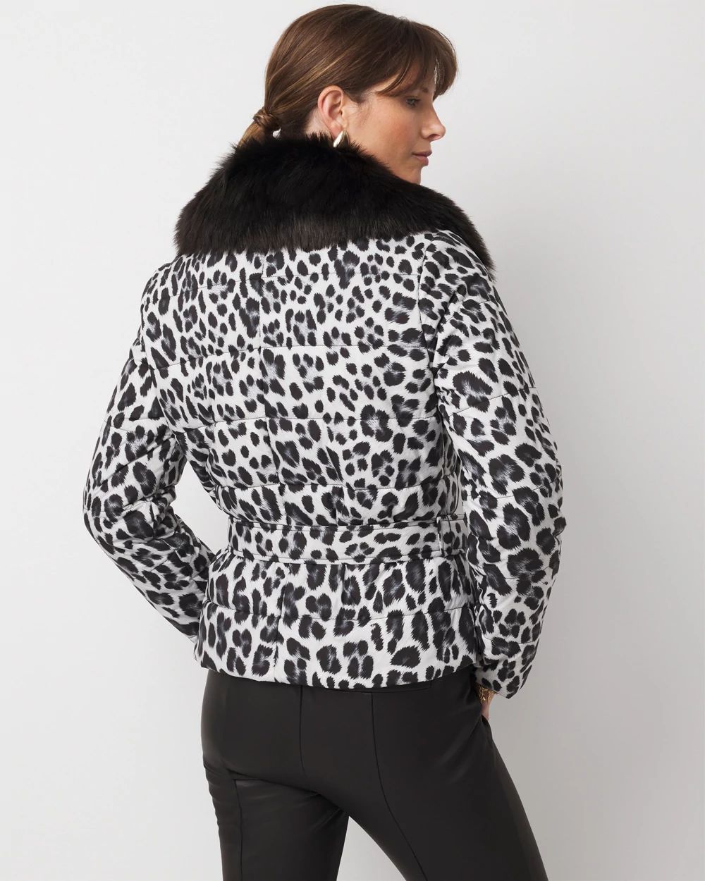 ジャケット・アウター HWZN.FRISCO JACKET BLACK SILVER LEOPARD Faux Fur Collar Leopard Puffer Jacket | White House Black Market